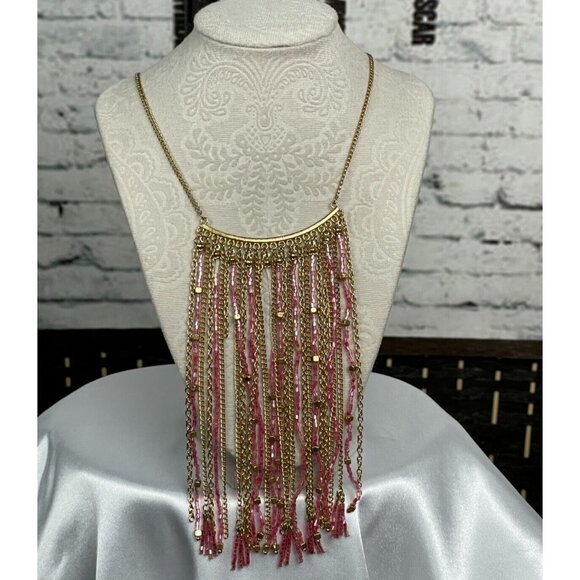 Carol Dauplaise Gold-Tone Pink Beaded Chain Fringe Statement Necklace - Picture 3 of 5